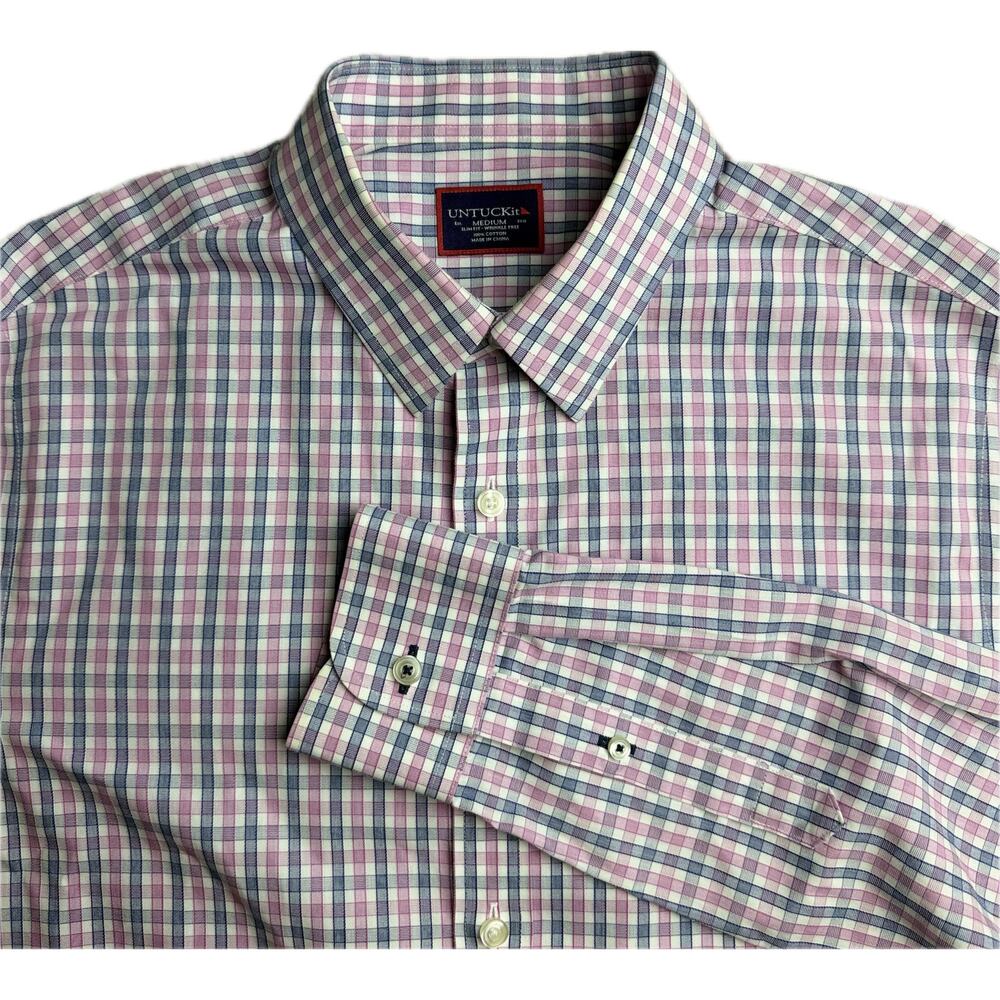 Untuckit Men’s Medium Plaid Button Down Shirt Light Pink Blue Long Sleeve Casual
